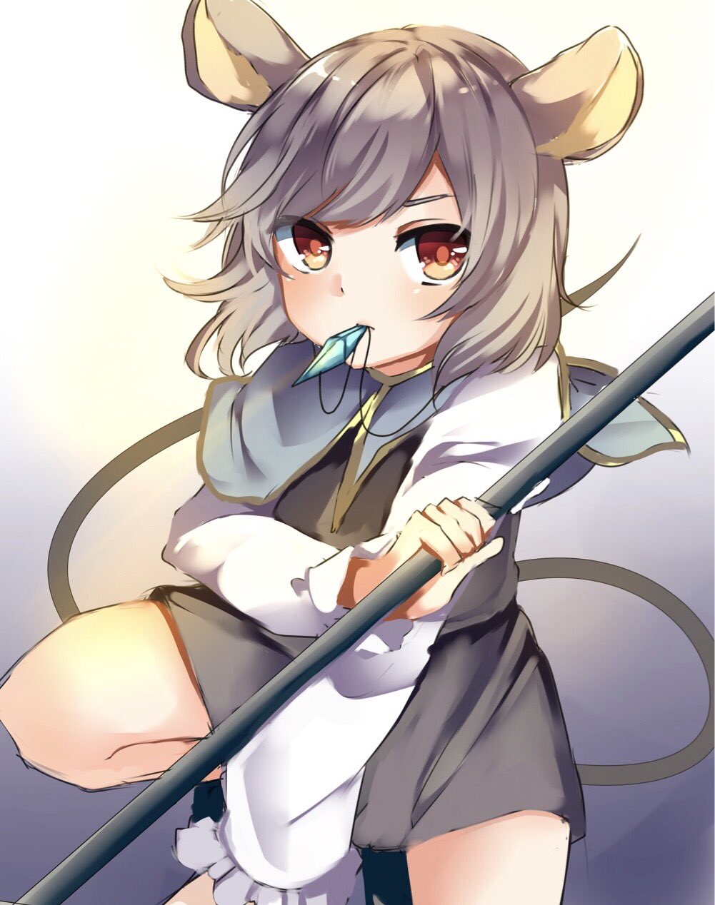animal_ears bangs black_skirt brown_eyes capelet closed_mouth grey_hair highres holding jewelry karasusou_nano long_sleeves looking_at_viewer mouse_ears mouse_tail mouth_hold nazrin necklace short_hair skirt skirt_set solo squatting tail touhou