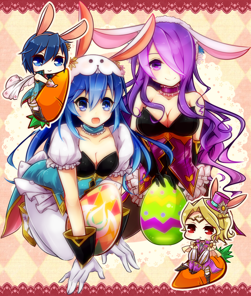 blue_hair blush breasts brother_and_sister bunny_ears bunny_girl bunny_tail bunnysuit camilla_(fire_emblem_if) carrot chibi fake_animal_ears father_and_daughter fire_emblem fire_emblem:_kakusei fire_emblem_heroes fire_emblem_if hair_over_one_eye krom large_breasts lips long_hair looking_at_viewer lucina marks_(fire_emblem_if) medium_breasts open_mouth purple_eyes purple_hair sakumado short_hair siblings tail very_long_hair wavy_hair