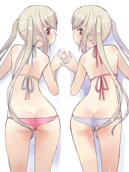 against_wall ass bikini blush contrapposto from_behind halterneck katatsuka_kouji long_hair looking_at_viewer looking_back lowleg lowleg_bikini mana_(katatsuka_kouji) mina_(katatsuka_kouji) multiple_girls open_mouth original red_eyes siblings silver_hair sisters sketch standing striped striped_bikini swimsuit twins twintails very_long_hair