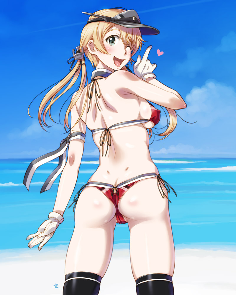 ;d anchor_hair_ornament arm_ribbon ass bare_shoulders beach bikini black_legwear blonde_hair blue_sky breasts cloud covered_nipples day dimples_of_venus from_behind gloves green_eyes hair_ornament heart index_finger_raised kantai_collection looking_at_viewer looking_back medium_breasts one_eye_closed open_mouth outdoors pale_skin prinz_eugen_(kantai_collection) red_bikini ribbon sameha_ikuya shoulder_blades side-tie_bikini sideboob sky smile solo swimsuit thighhighs twintails visor_cap white_gloves