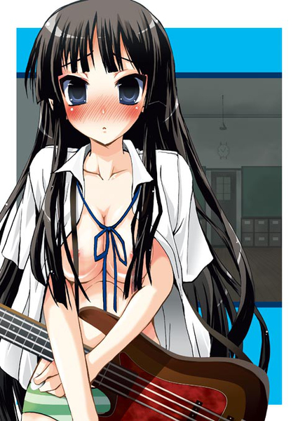 00s 1girl akiyama_mio areolae black_hair blue_eyes blush breasts convenient_censoring guitar hair_censor hair_over_breasts k-on! long_hair looking_at_viewer medium_breasts no_bra no_pants open_clothes panties solo standing striped striped_panties underwear