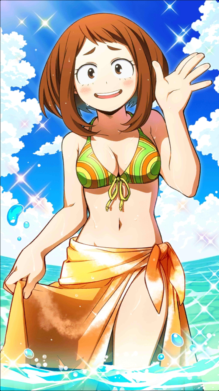 1girl beach bikini_top boku_no_hero_academia breasts ocean sarong sky solo swimsuit uraraka_ochako water