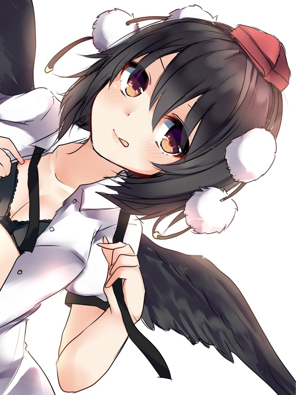 :q bangs black_bow black_bra black_hair black_wings blush bow bow_bra bra breasts brown_eyes buttons cleavage collared_shirt dutch_angle eyebrows_visible_through_hair hair_between_eyes hat highres karasusou_nano looking_at_viewer medium_breasts mob_cap open_clothes open_shirt shameimaru_aya shirt short_hair short_sleeves simple_background solo tokin_hat tongue tongue_out touhou underwear upper_body white_background white_shirt wings