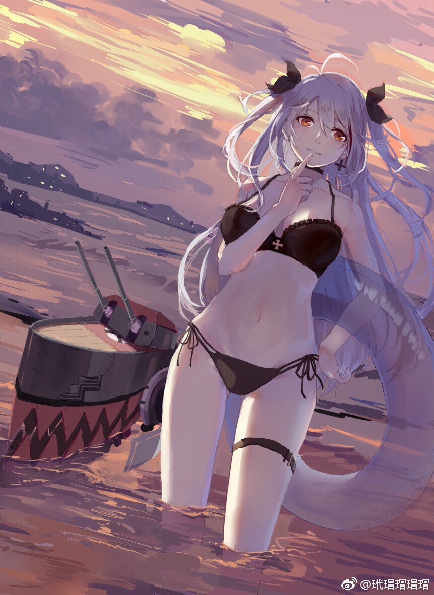 ass_visible_through_thighs azur_lane bekko bikini black_bikini blue_innertube breasts brown_eyes choker cloud cloudy_sky dutch_angle finger_to_mouth hand_on_hip innertube jewelry large_breasts long_hair looking_at_viewer multi-strapped_bikini multicolored_hair navel outdoors parted_lips prinz_eugen_(azur_lane) side-tie_bikini silver_hair single_earring sky solo streaked_hair sunset swimsuit thigh_strap turret two_side_up wading watermark weibo_logo weibo_username