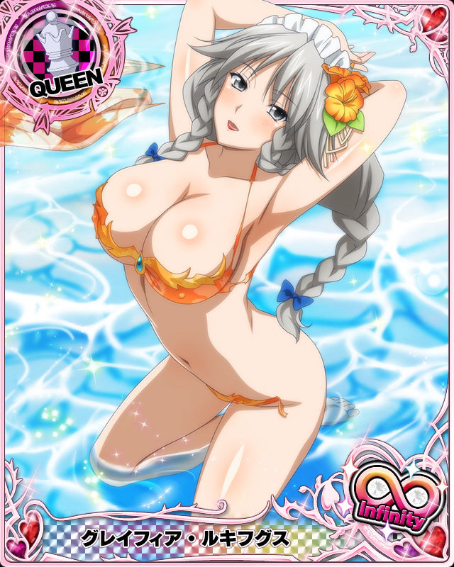 artist_request bikini braid breasts card_(medium) character_name chess_piece flower grayfia_lucifuge grey_eyes hair_flower hair_ornament hibiscus high_school_dxd high_school_dxd_infinity jewelry large_breasts lipstick maid_headdress makeup midriff necklace official_art orange_bikini queen_(chess) red_lipstick silver_hair swimsuit torn_clothes torn_swimsuit trading_card twin_braids