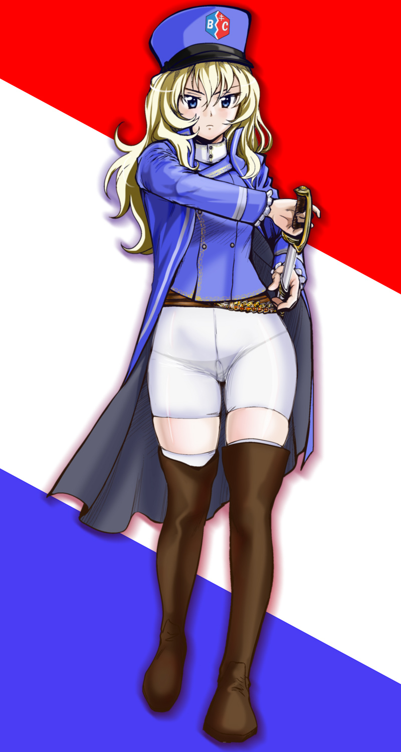 bangs bc_freedom_(emblem) belt bike_shorts black_footwear blouse blue_blouse blue_coat blue_hat boots closed_mouth drawing_sword emblem flag_background french_flag full_body girls_und_panzer girls_und_panzer_saishuushou hat highres holding holding_weapon light_frown long_hair looking_at_viewer oshida_(girls_und_panzer) panties_under_bike_shorts scabbard shadow sheath shorts solo standing thigh_boots thighhighs uniform unsheathing weapon white_shorts yoyokkun
