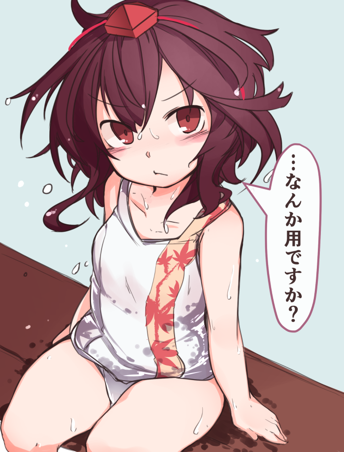 &gt;:( black_hair blush breasts collarbone commentary_request frown furorina hat looking_at_viewer one-piece_swimsuit plump red_eyes shameimaru_aya short_hair sitting small_breasts solo swimsuit thighs tokin_hat touhou translated v-shaped_eyebrows wet younger