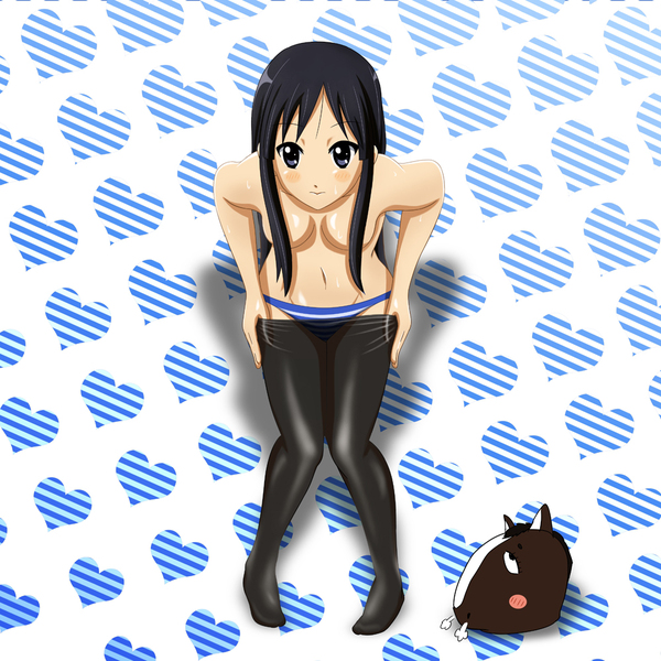 00s 1girl akiyama_mio black_hair blue_eyes breasts convenient_censoring hair_censor hair_over_breasts heart heart_background horse k-on! leaning_forward long_hair medium_breasts navel panties see-through solo striped striped_panties topless underwear undressing