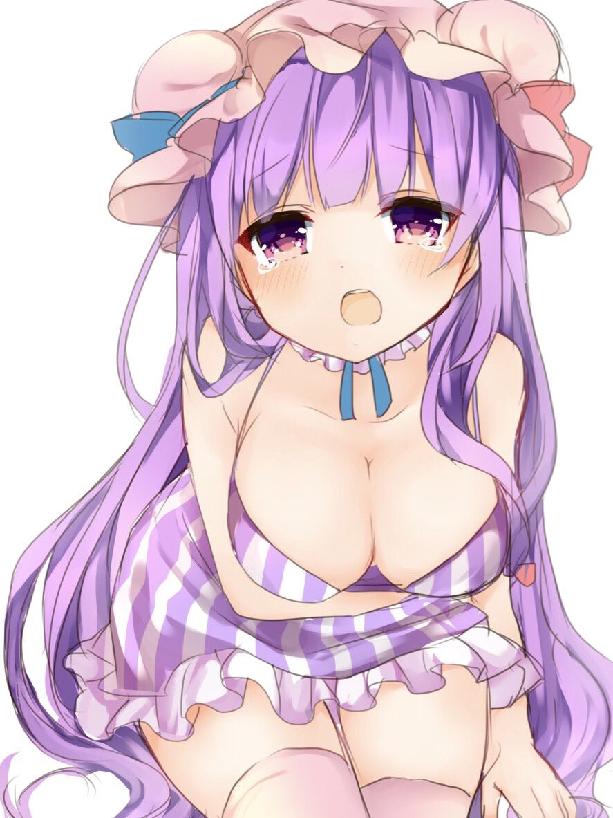 bangs bare_arms blush breasts cleavage cowboy_shot dress eyebrows_visible_through_hair hat karasusou_nano long_hair looking_at_viewer medium_breasts mob_cap open_mouth patchouli_knowledge pink_hat pink_legwear purple_eyes purple_hair simple_background solo striped striped_dress tears thighhighs touhou very_long_hair white_background zettai_ryouiki