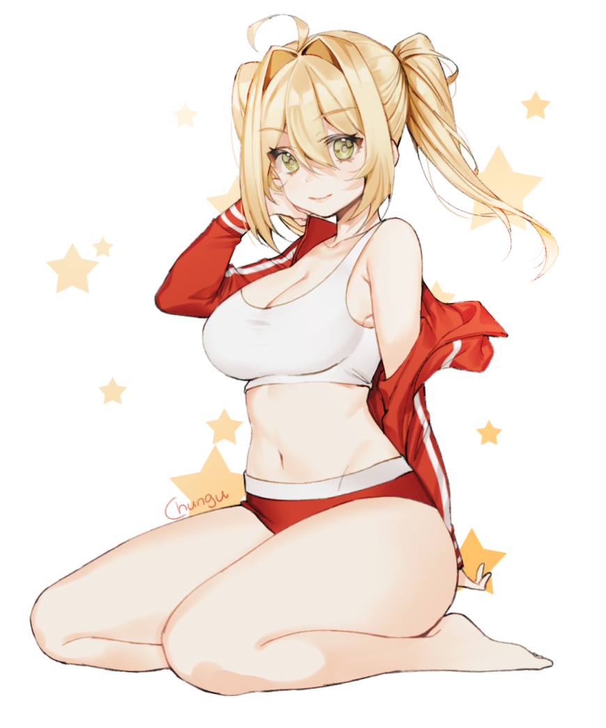 ahoge arm_up artist_name bare_legs barefoot blonde_hair bra breasts chungu cleavage closed_mouth eyebrows_visible_through_hair fate/grand_order fate_(series) full_body green_eyes hair_between_eyes hair_intakes hand_in_hair jacket large_breasts long_hair midriff navel nero_claudius_(fate) nero_claudius_(fate)_(all) off_shoulder seiza short_shorts shorts simple_background sitting solo sports_bra star track_jacket twintails underwear white_bra