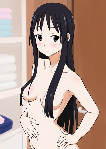 00s 1girl akiyama_mio black_hair blue_eyes breasts convenient_censoring hair_censor hair_over_breasts hand_on_hip k-on! long_hair medium_breasts navel nude out-of-frame_censoring solo standing