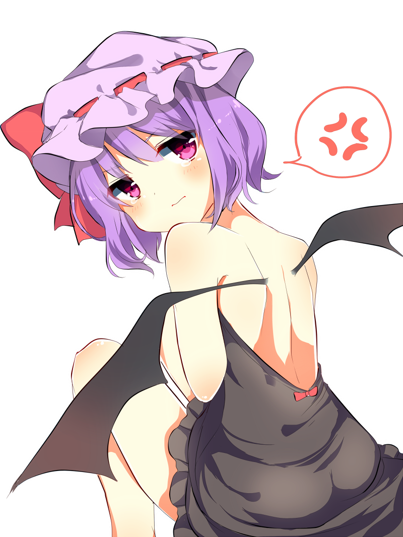 anger_vein ass back backless_dress backless_outfit bangs bare_legs bare_shoulders bat_wings black_dress blush bow closed_mouth dress eyebrows_visible_through_hair from_behind hat hat_bow karasusou_nano looking_at_viewer looking_back mob_cap pink_eyes pink_hat purple_hair red_bow remilia_scarlet short_hair sitting solo spoken_anger_vein tears touhou transparent_background wings