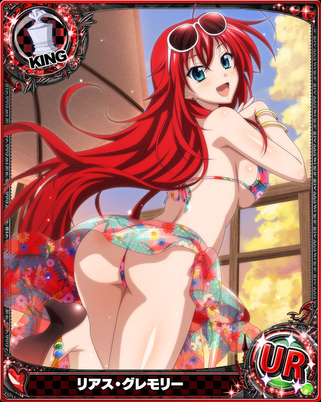 ahoge artist_request blue_eyes breasts card_(medium) character_name chess_piece earrings eyewear_on_head high_school_dxd jewelry king_(chess) large_breasts long_hair official_art red_hair rias_gremory swimsuit trading_card very_long_hair