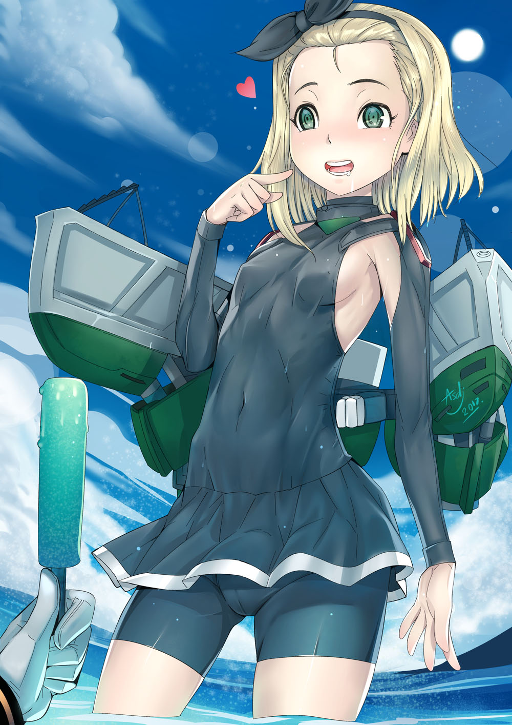 armpits asdj bike_shorts blonde_hair blush breasts cloud covered_navel day dress drooling food gloves green_eyes hands headband highres kantai_collection luigi_torelli_(kantai_collection) ocean open_mouth popsicle popsicle_stick sky sleeveless sleeveless_dress small_breasts solo_focus uit-25_(kantai_collection) wading white_gloves