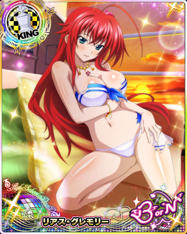 ahoge artist_request blue_eyes bracelet breasts card_(medium) character_name chess_piece covered_nipples high_school_dxd high_school_dxd_born jewelry king_(chess) large_breasts long_hair necklace official_art pillow red_hair rias_gremory swimsuit torn_clothes trading_card very_long_hair