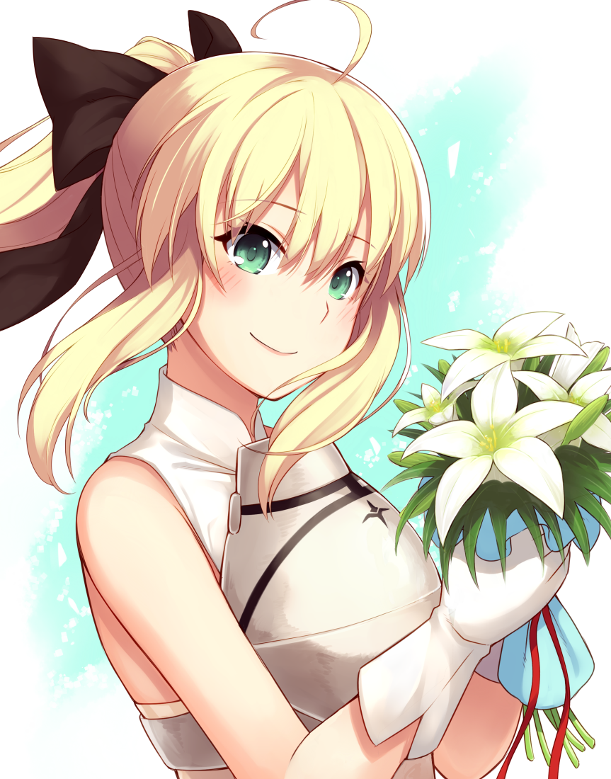 ahoge artoria_pendragon_(all) black_bow blonde_hair bouquet bow breastplate eyebrows_visible_through_hair fate/unlimited_codes fate_(series) flower gloves green_eyes hair_between_eyes hair_bow high_ponytail holding holding_bouquet long_hair oyaji-sou red_ribbon ribbon saber_lily sidelocks smile solo upper_body white_background white_flower white_gloves