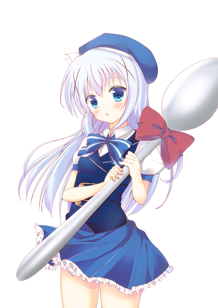 bad_id bad_pixiv_id blue_bow blue_eyes blue_hair blue_hat blue_neckwear blue_skirt blush bow bowtie cowboy_shot eyebrows_visible_through_hair frilled_skirt frills gochuumon_wa_usagi_desu_ka? hat holding kafuu_chino long_hair looking_at_viewer miniskirt misaki_yuu open_mouth oversized_object puffy_short_sleeves puffy_sleeves red_bow shirt short_sleeves skirt solo spoon standing striped striped_bow transparent_background white_shirt