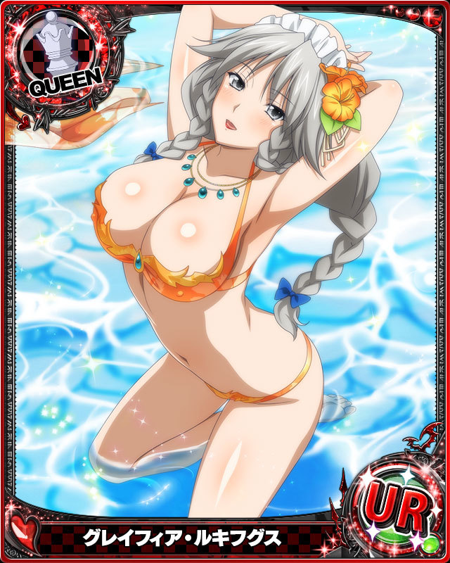 artist_request bikini braid breasts card_(medium) character_name chess_piece flower grayfia_lucifuge grey_eyes hair_flower hair_ornament hibiscus high_school_dxd jewelry large_breasts lipstick maid_headdress makeup midriff navel necklace official_art orange_bikini queen_(chess) red_lipstick silver_hair swimsuit trading_card twin_braids water