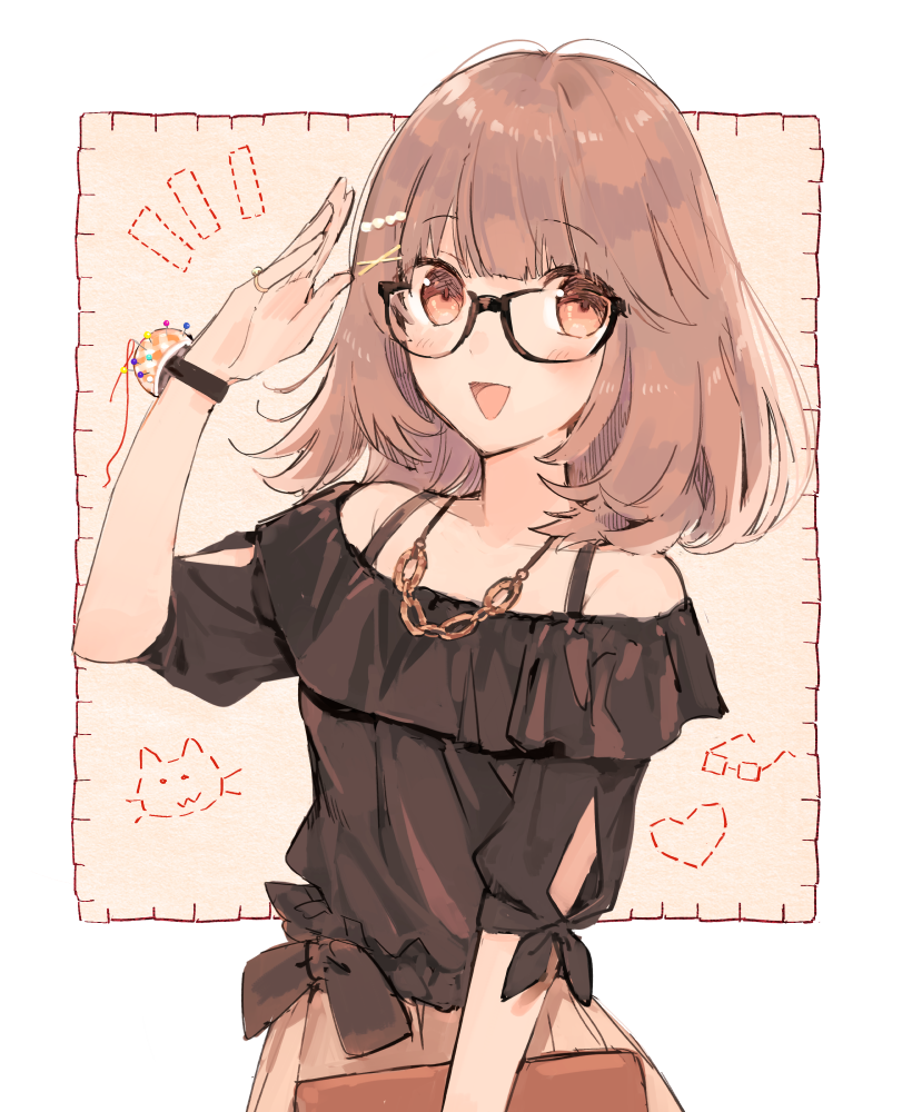 bangs bare_shoulders black-framed_eyewear blunt_bangs brown_eyes brown_hair commentary_request glasses hair_ornament hairpin horiizumi_inko jewelry looking_at_viewer necklace off-shoulder_shirt original pincushion pinky_ring ring salute shirt sketch smile solo thread tied_shirt tied_sleeves upper_body x_hair_ornament