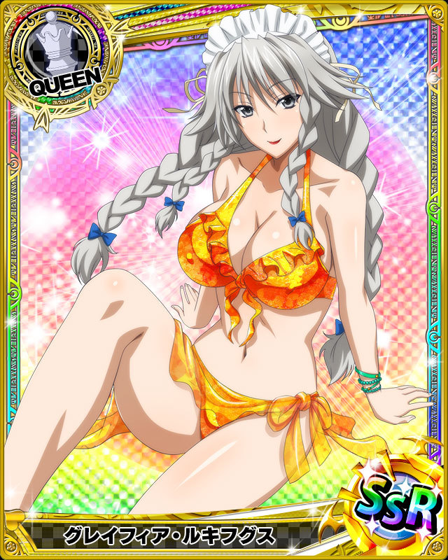 artist_request bracelet braid breasts card_(medium) character_name chess_piece covered_nipples grayfia_lucifuge grey_eyes high_school_dxd jewelry large_breasts lipstick maid_headdress makeup midriff official_art queen_(chess) red_lipstick silver_hair swimsuit trading_card twin_braids