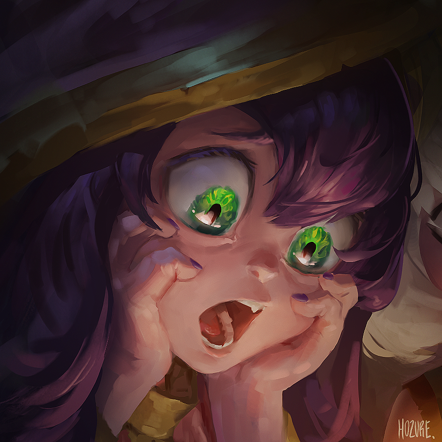 :o artist_name bangs face fang gasp green_eyes hands_on_own_cheeks hands_on_own_face horace_h league_of_legends long_hair lulu_(league_of_legends) nail_polish open_mouth portrait purple_hair purple_nails purple_skin shocked_eyes solo surprised teeth yordle