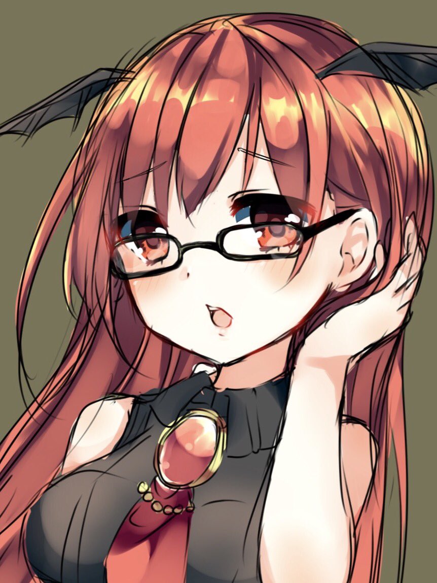:o bangs bespectacled black-framed_eyewear blush breasts brooch brown_background brown_eyes brown_hair eyebrows_visible_through_hair glasses hand_up head_wings jewelry karasusou_nano koakuma long_hair looking_at_viewer medium_breasts open_mouth simple_background sleeveless solo touhou upper_body