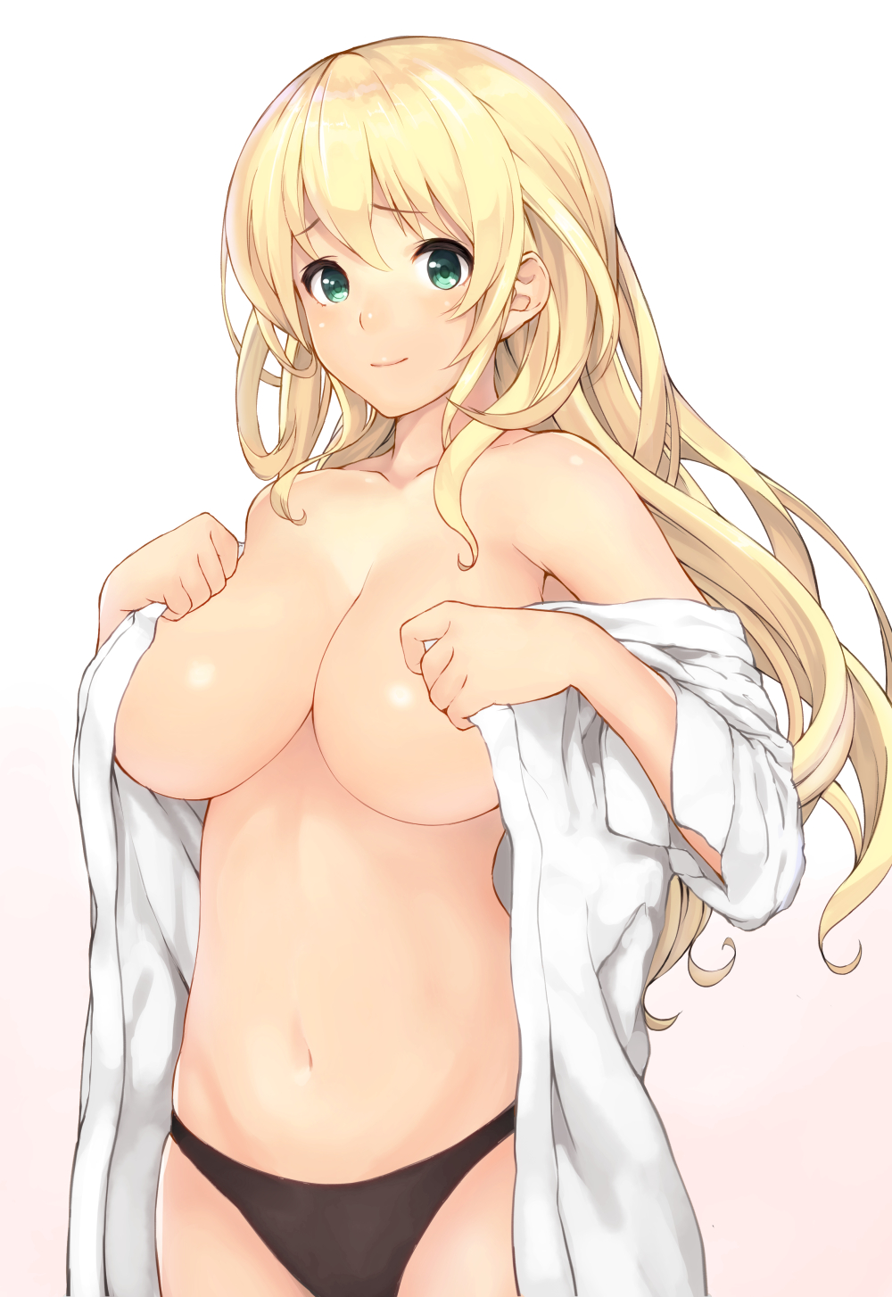 atago_(kantai_collection) bare_shoulders black_panties blonde_hair breasts cleavage closed_mouth commentary convenient_censoring cowboy_shot gradient gradient_background green_eyes hair_between_eyes highres kantai_collection large_breasts long_hair looking_at_viewer navel no_bra off_shoulder open_clothes open_shirt panties shirt siesta_(artist) simple_background smile solo underwear