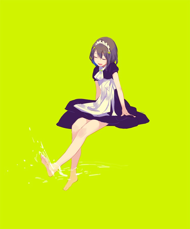 barefoot black_dress closed_eyes commentary_request dress green_background invisible_chair maeya_susumu maid maid_headdress medium_hair open_mouth original puffy_short_sleeves puffy_sleeves short_sleeves simple_background sitting soaking_feet solo