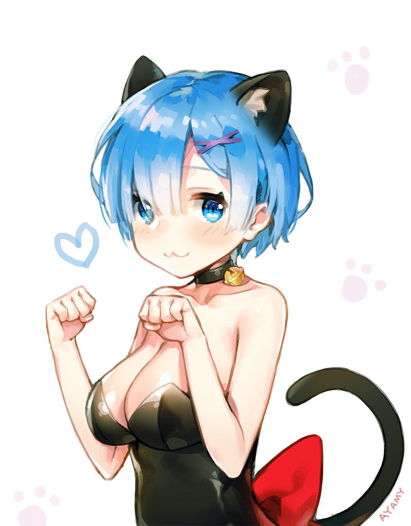 :3 animal_ears artist_name ayamy bare_shoulders bell bell_choker blue_eyes blue_hair breasts cat_ears cat_tail choker cleavage closed_mouth commentary_request hair_ornament jingle_bell kemonomimi_mode large_breasts leotard looking_at_viewer paw_pose re:zero_kara_hajimeru_isekai_seikatsu rem_(re:zero) short_hair simple_background solo tail x_hair_ornament