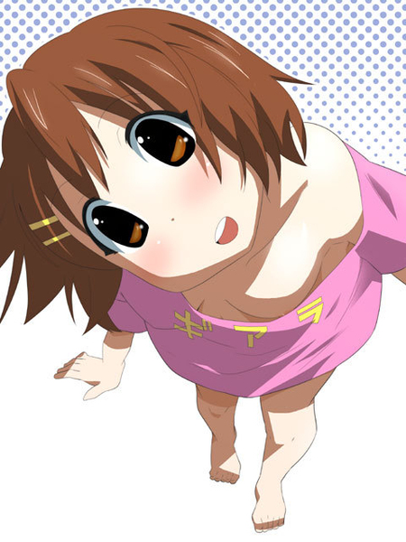 00s 1girl areolae breasts brown_eyes brown_hair cleavage downblouse from_above hairclip head_tilt hirasawa_yui k-on! no_bra off_shoulder open_mouth short_hair smile solo standing