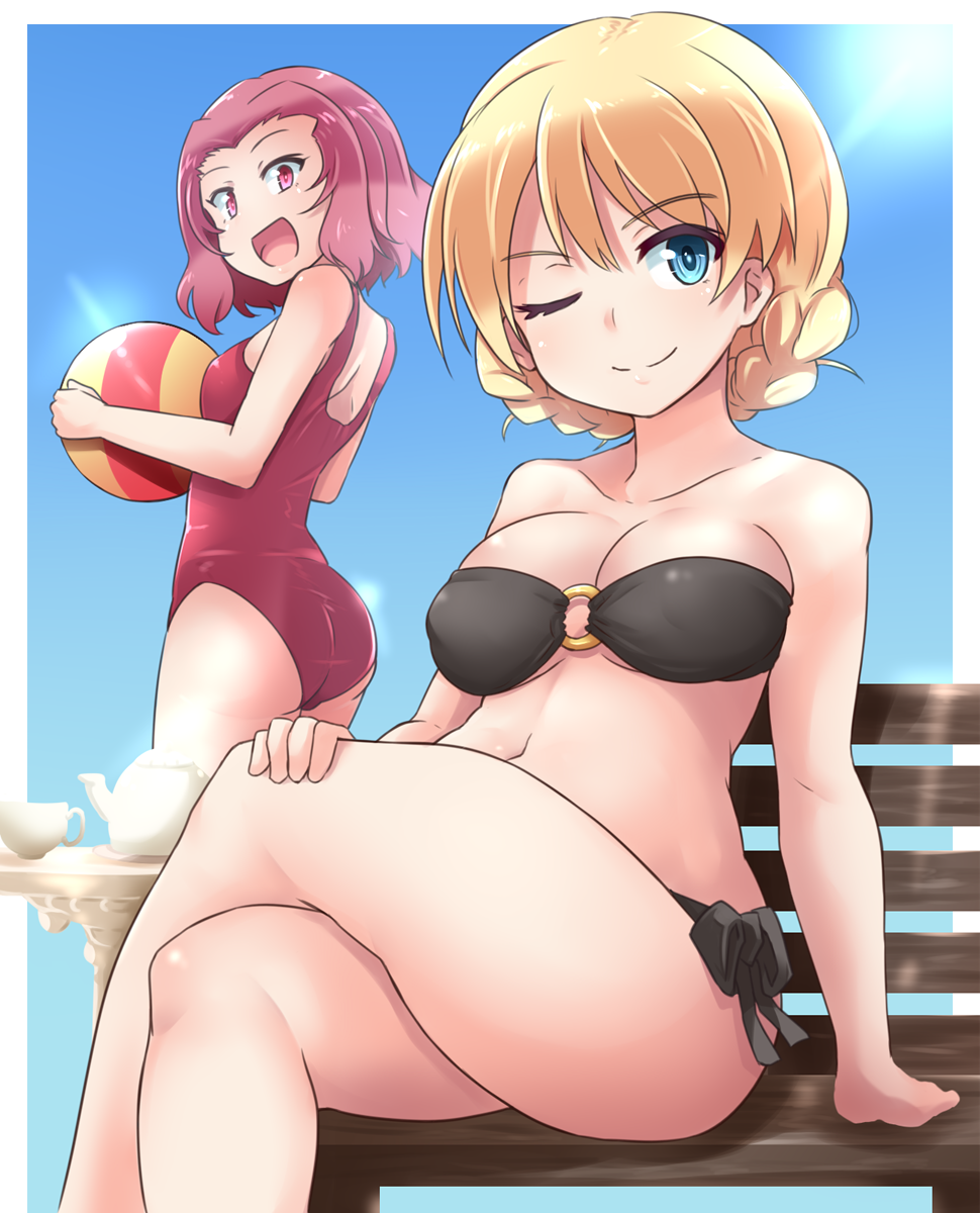 ass ball bare_shoulders beachball bench bikini black_bikini blonde_hair blue_eyes braid breasts cleavage commentary_request crossed_legs cup darjeeling girls_und_panzer highres kitayama_miuki legs lens_flare medium_breasts multiple_girls o-ring o-ring_bikini one-piece_swimsuit one_eye_closed open_mouth pink_eyes pink_hair red_swimsuit rosehip sitting smile strapless strapless_bikini swimsuit teacup teapot thighs