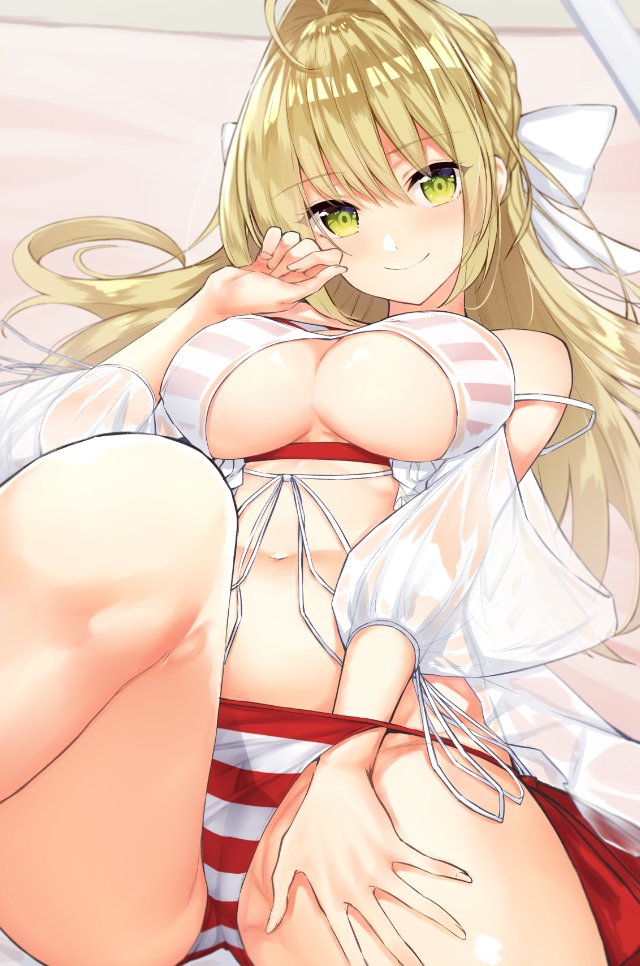 ahoge anza_tomo bangs bare_shoulders bikini bikini_under_clothes blonde_hair bow breasts breasts_apart commentary eyebrows_visible_through_hair fate/extra fate/grand_order fate_(series) green_eyes hair_bow hair_intakes hand_on_own_cheek hand_on_own_thigh knee_up long_hair looking_at_viewer lying medium_breasts nero_claudius_(fate)_(all) nero_claudius_(swimsuit_caster)_(fate) on_back puffy_sleeves red_bikini see-through shirt smile solo striped striped_bikini swimsuit underboob white_bow white_shirt