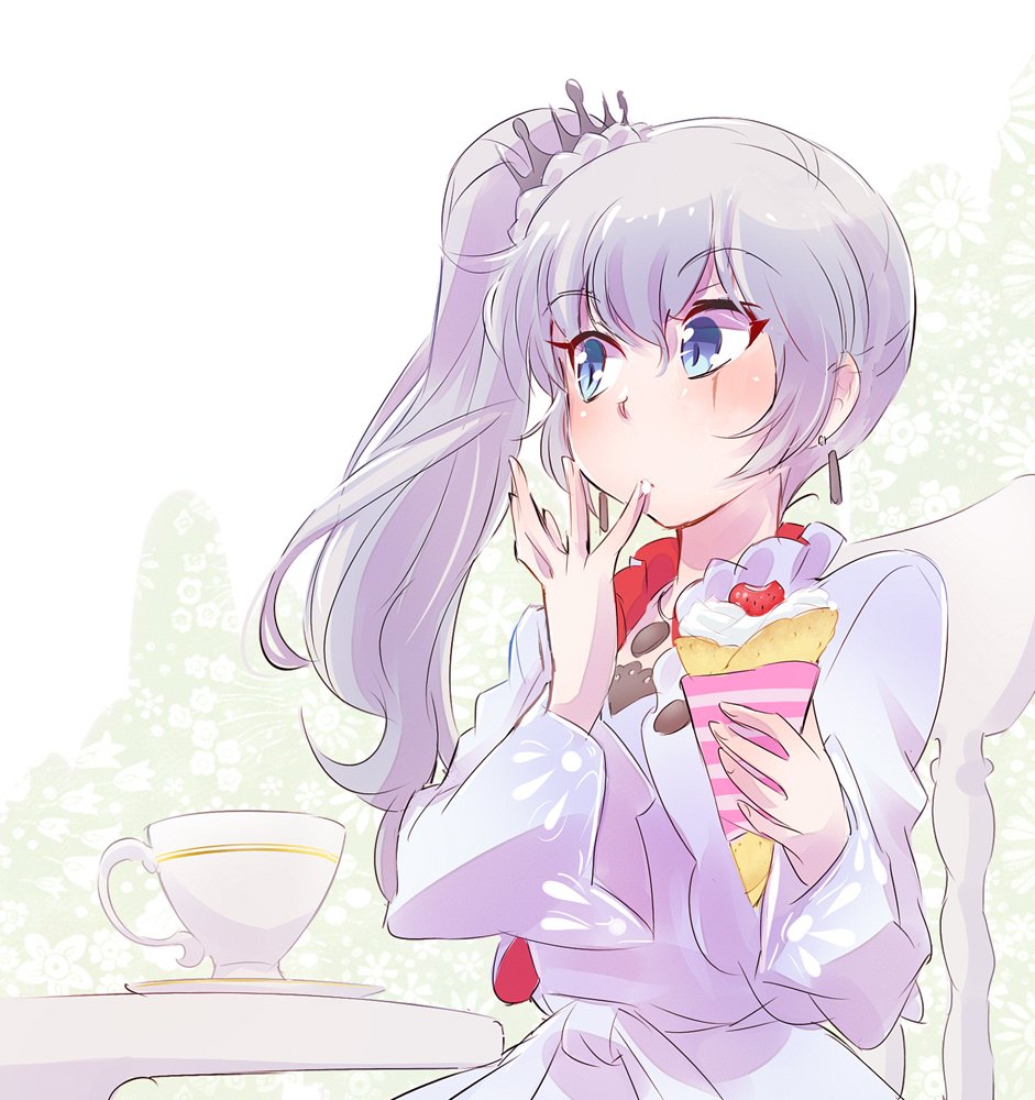 blue_eyes check_commentary commentary_request cream crepe cup earrings finger_licking floral_background food fruit hair_ornament iesupa jewelry licking long_hair rwby saucer scar scar_across_eye strawberry teacup weiss_schnee white_hair