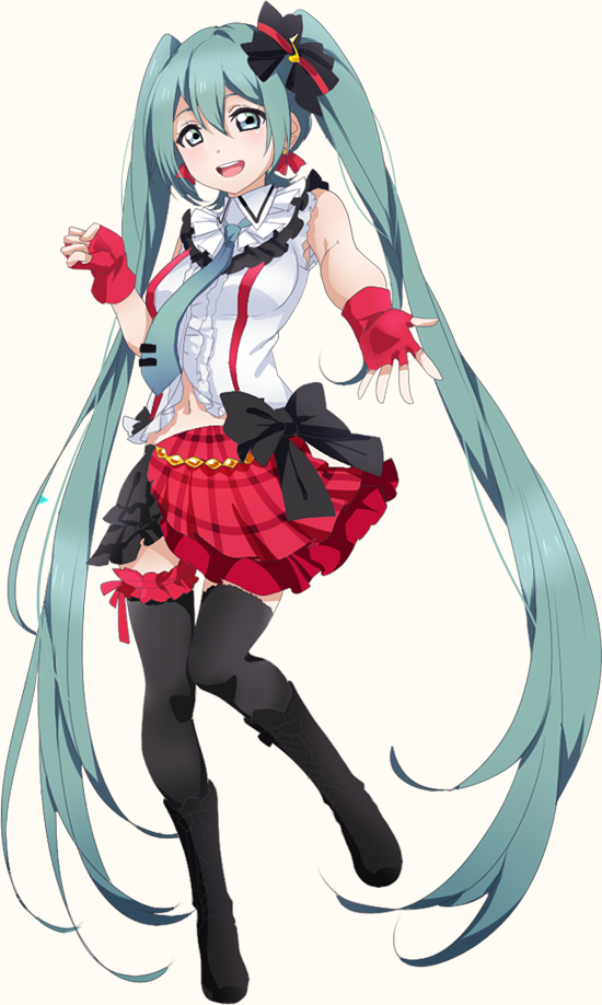 :d absurdly_long_hair alternate_costume black_bow black_legwear blouse bokura_wa_ima_no_naka_de bow cosplay earrings eyebrows_visible_through_hair fingerless_gloves full_body garters gloves green_eyes green_hair hair_between_eyes hair_bow hatsune_miku jewelry long_hair love_live! love_live!_school_idol_project midriff navel open_mouth red_gloves red_skirt rutobobo shirt simple_background skirt sleeveless sleeveless_blouse sleeveless_shirt smile solo stomach thighhighs twintails very_long_hair vocaloid white_background white_blouse white_shirt zettai_ryouiki