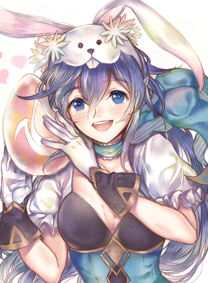 animal_ears blue_eyes blue_hair blush bunny_ears bunny_girl bunny_tail bunnysuit egg fake_animal_ears fire_emblem fire_emblem:_kakusei fire_emblem_heroes long_hair looking_at_viewer lucina no-shio open_mouth simple_background smile solo tail tiara