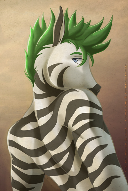 2010 anthro biped black_fur black_stripes blue_eyes digital_media_(artwork) equine eyebrows fur gradient_background green_hair hair half-length_portrait hyperfreak666 jayzed_(artist) looking_at_viewer looking_back male mammal multicolored_fur portrait rear_view short_hair simple_background solo standing striped_fur stripes two_tone_fur watermark white_fur zebra