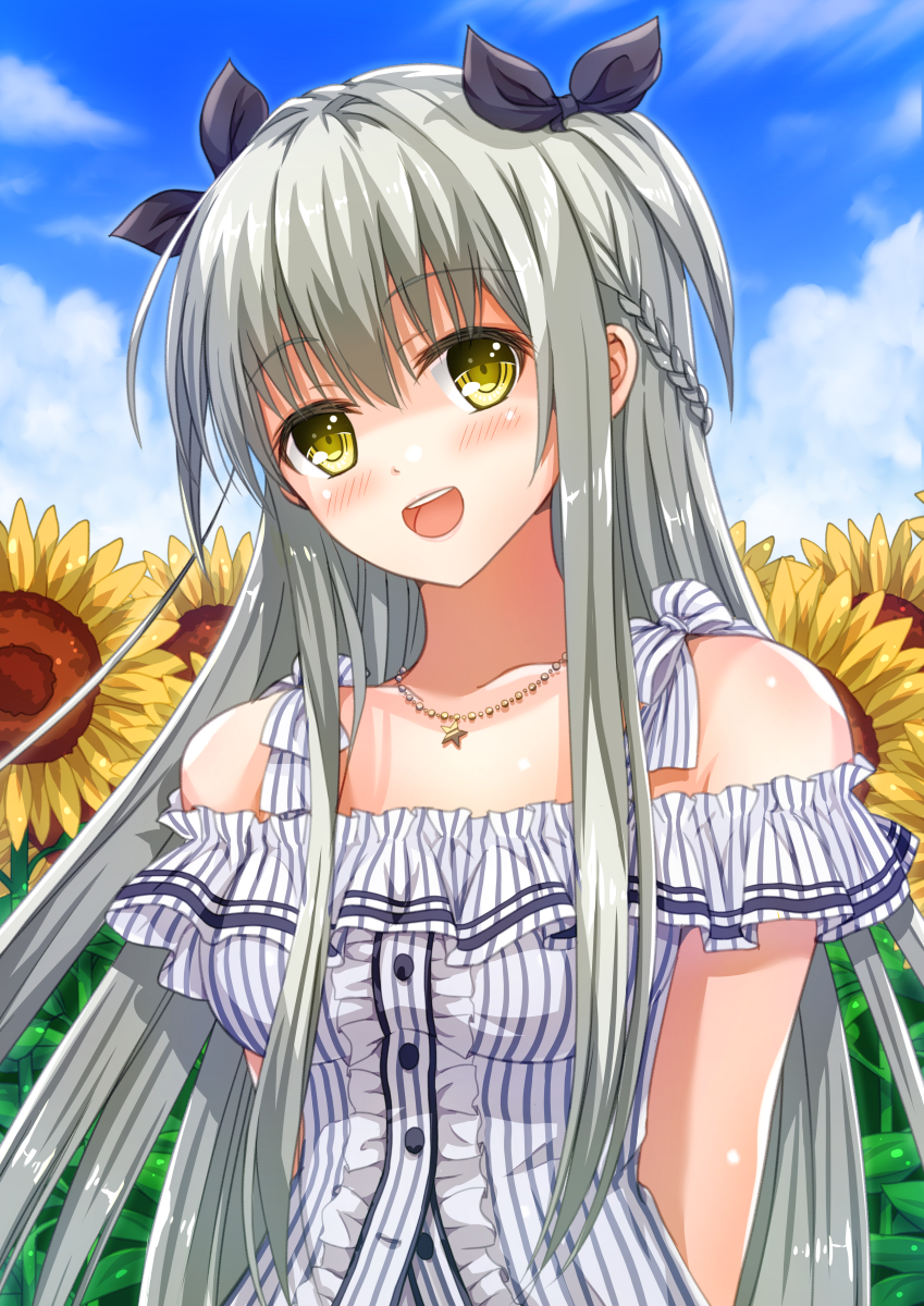black_ribbon blush breasts collarbone eyebrows_visible_through_hair flower hair_ribbon highres hoshimaemi jewelry large_breasts long_hair looking_at_viewer necklace open_mouth original ribbon silver_hair smile solo star star_necklace sunflower yellow_eyes