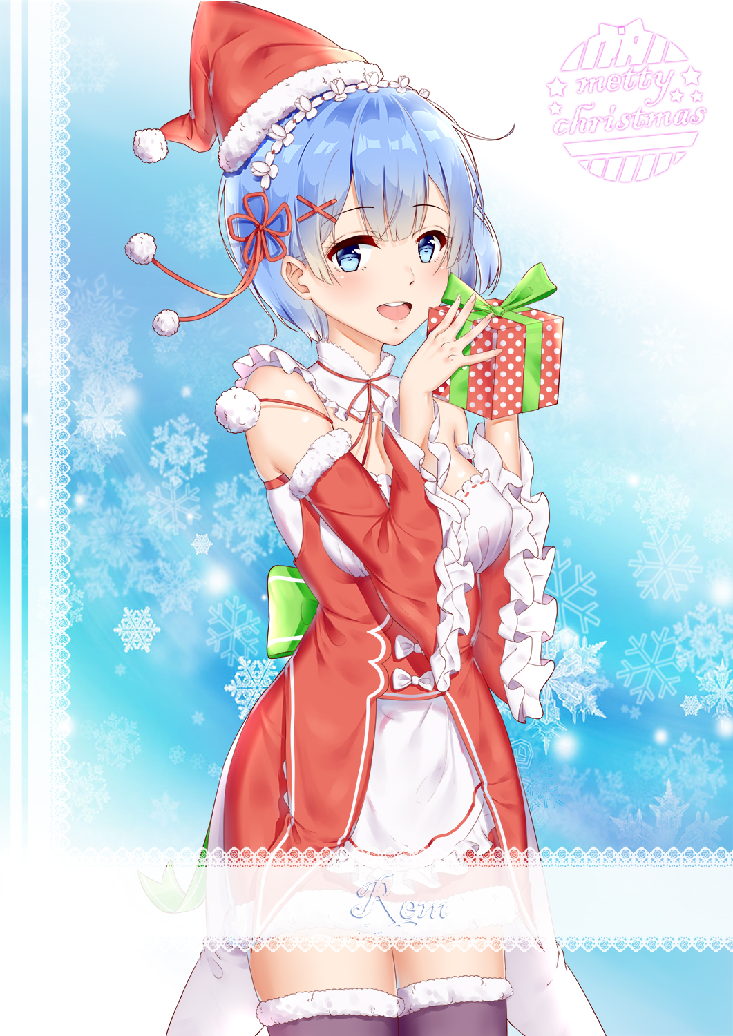 adapted_costume alternate_costume apron blue_background blue_eyes blue_hair blush bow box breasts character_name christmas cleavage collar cowboy_shot detached_collar detached_sleeves dress elleco eyebrows_visible_through_hair fingernails frilled_apron frilled_collar frilled_sleeves frills fur-trimmed_legwear fur-trimmed_sleeves fur_hat fur_trim gift gift_box gradient gradient_background green_bow hair_between_eyes hair_ornament hair_ribbon hat highres holding holding_gift looking_at_viewer maid maid_apron maid_headdress medium_breasts merry_christmas mini_hat multicolored_eyelashes open_mouth purple_legwear re:zero_kara_hajimeru_isekai_seikatsu red_dress red_hat red_ribbon rem_(re:zero) ribbon ribbon-trimmed_clothes ribbon_trim santa_costume santa_hat shiny shiny_hair shiny_skin short_hair simple_background smile snowflakes solo teeth thighhighs upper_teeth white_background x_hair_ornament
