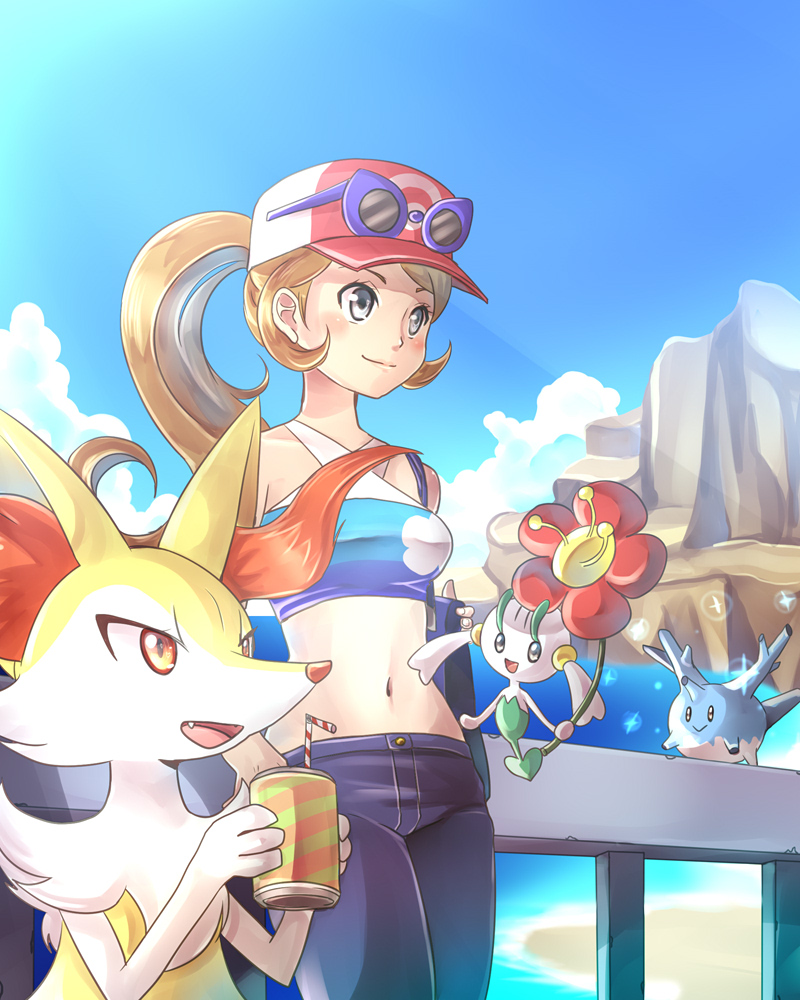 alternate_color animal_ears bag bandeau bare_shoulders beach black_pants blonde_hair blue-framed_eyewear blue_background blush braixen can cloud corsola day drinking_straw fangs flabebe flower fox_ears gen_2_pokemon gen_6_pokemon glasses grey_eyes hand_up hands_up hat konna-nani navel ocean open_mouth outdoors pants pokemon pokemon_(creature) pokemon_(game) pokemon_xy ponytail red_flower red_hat serena_(pokemon) shiny_pokemon sky sleeveless smile soda_can standing strapless sunglasses sunlight teeth tied_hair water yellow_eyes