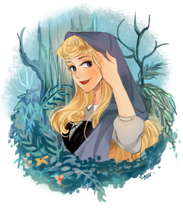 ano_(sbee) artist_name aurora_(disney) blonde_hair blue_eyes disney dress flower frame hand_in_hair long_hair looking_at_viewer nature simple_background sleeping_beauty smile solo tree veil white_background