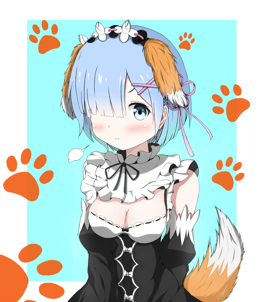 1girl animal_ears bare_shoulders black_bow black_dress black_ribbon blue_background blue_eyes blue_hair blush border bow breasts cleavage detached_sleeves dog_ears embarrassed fake_animal_ears fake_tail fox_tail hair_ornament hair_over_one_eye hair_ribbon logic_ils long_sleeves looking_at_viewer maid maid_headdress matching_hair/eyes medium_breasts paw_print pink_ribbon re:zero rem_(re:zero) ribbon short_hair simple_background solo standing tail white_border