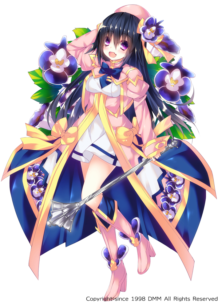 :d black_hair blue_bow blue_neckwear boots bow bowtie dress flower flower_knight_girl full_body hat hat_flower holding holding_wand jacket knee_boots long_hair looking_at_viewer object_namesake official_art ooji_cha open_mouth pink_footwear pink_hat pink_jacket purple_eyes smile solo standing standing_on_one_leg torenia_(flower_knight_girl) wand white_background white_dress yellow_bow