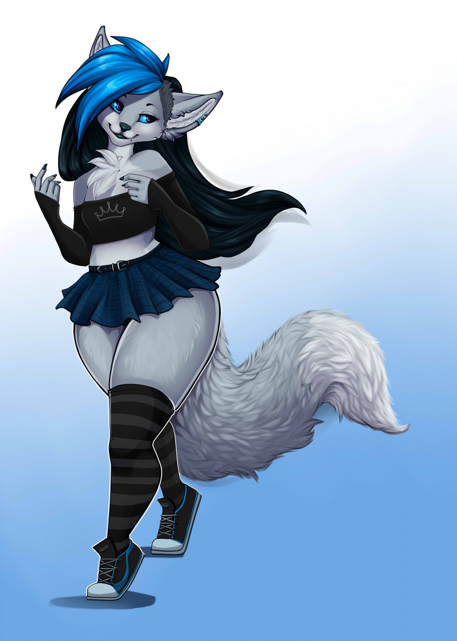 anthro blue_eyes blue_hair canine cat chest_tuft ear_piercing feline female fennecat fox fur grey_fur hair hi_res hybrid mammal piercing robyn_paperdoll sheazu simple_background solo tuft wide_hips