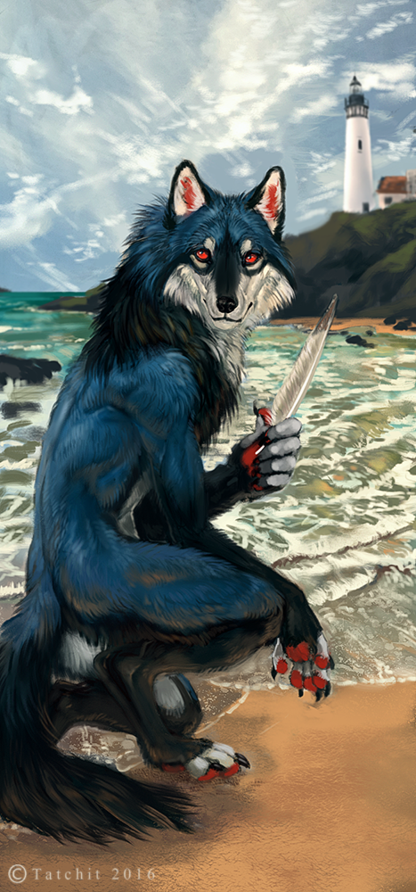 2016 5_fingers ambiguous_gender black_fur black_nose blue_fur canine day detailed_background fur holding_object lighthouse mammal outside red_eyes sand shore sitting sky solo tatchit water wolf