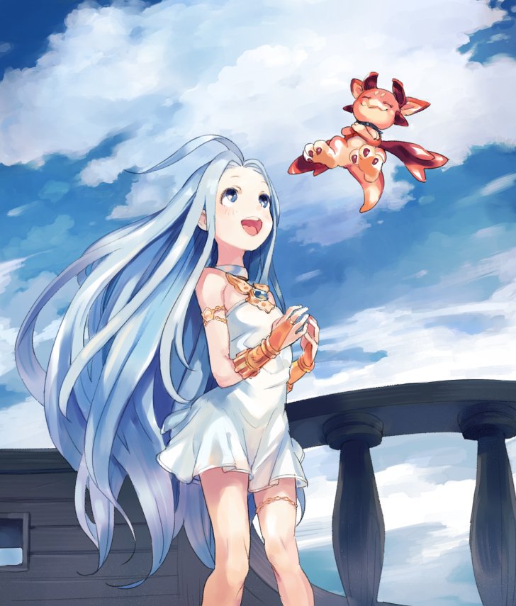1girl :d ahoge armlet bare_legs bare_shoulders blue_eyes blue_hair blue_sky blush bridal_gauntlets choker cloud cloudy_sky dress flat_chest gem gloves granblue_fantasy image_sample jewelry long_hair looking_at_another looking_up lyria_(granblue_fantasy) open_mouth outstretched_hand short_dress simple_background sky sleeveless sleeveless_dress smile standing strapless strapless_dress thigh_strap thighlet twitter_sample upper_teeth urayamashiro_(artist) vee_(granblue_fantasy) very_long_hair white_dress