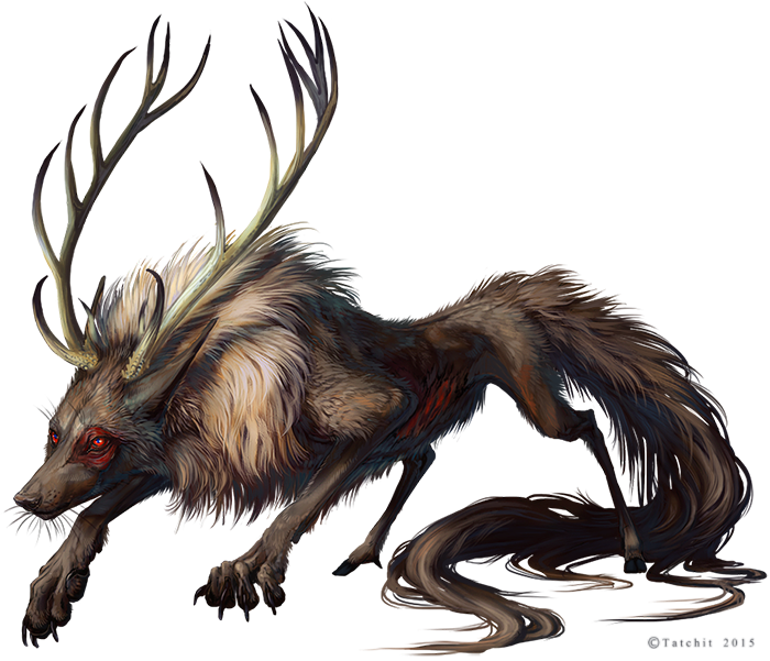 2015 alpha_channel ambiguous_gender antlers black_nose canine claws feral fur grey_fur horn hybrid mammal paws red_eyes simple_background standing tatchit transparent_background wolf