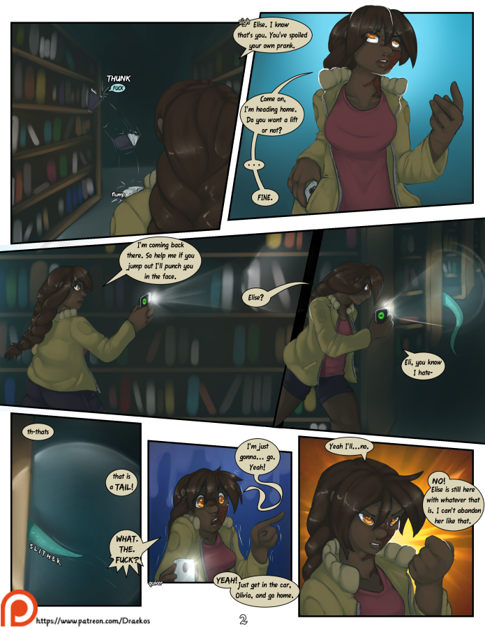 2017 amber_eyes book brown_hair cellphone clothed clothing comic detailed_background dialogue draekos dragon elise_(draekos) english_text female footwear green_eyes hair hoodie human leggings legwear library mammal olivia_(draekos) patreon phone scalie scar shoes shorts speech_bubble text url