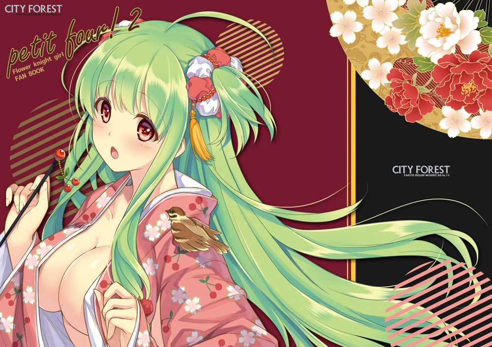 :o ahoge animal animal_on_shoulder bird bird_on_shoulder breasts cherry_print city_forest_online cleavage flower flower_knight_girl food_print green_hair holding japanese_clothes kimono large_breasts long_hair looking_at_viewer pink_kimono print_kimono red_eyes sakuranbo_(flower_knight_girl) solo two_side_up upper_body