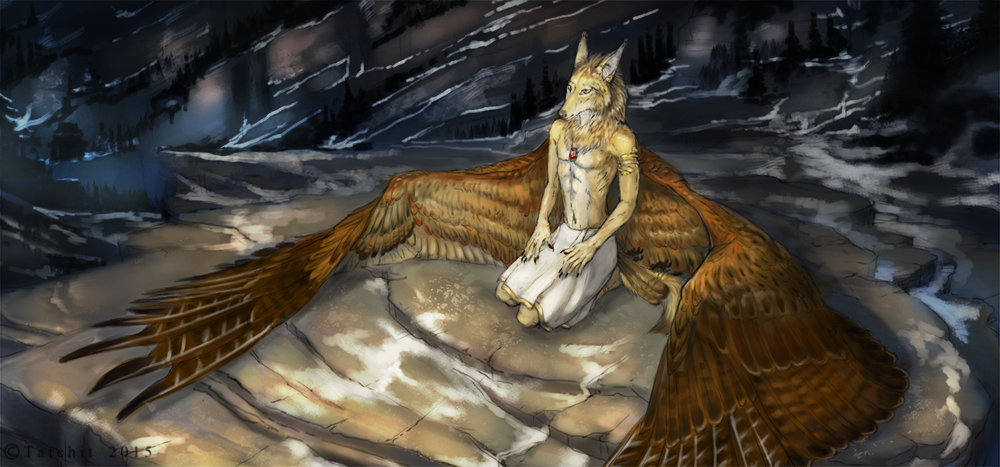 2015 anthro brown_feathers canine detailed_background feathered_wings feathers fur male mammal sitting solo tan_fur tatchit white_fur wings wolf