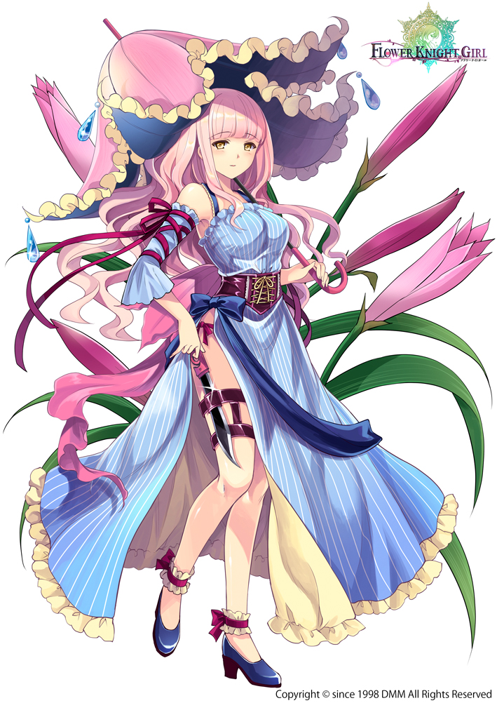 anklet blue_bow blue_dress blue_footwear bow city_forest_online dagger dress flower flower_knight_girl full_body habranthus_(flower_knight_girl) holding holding_umbrella jewelry long_hair looking_at_viewer object_namesake official_art pink_hair pink_umbrella red_bow shoes solo standing striped umbrella vertical-striped_dress vertical_stripes weapon white_background yellow_eyes